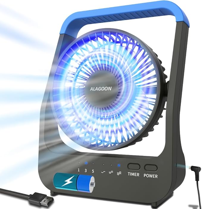 Portable Desk Fan, D Battery Operated Fan for Hurricane, Powered Fan by USB Cable 214H Long Lasting with Timer 6'' Portable for Outdoor Camping Quiet 3 Speeds for Office Bedroom(Blue)