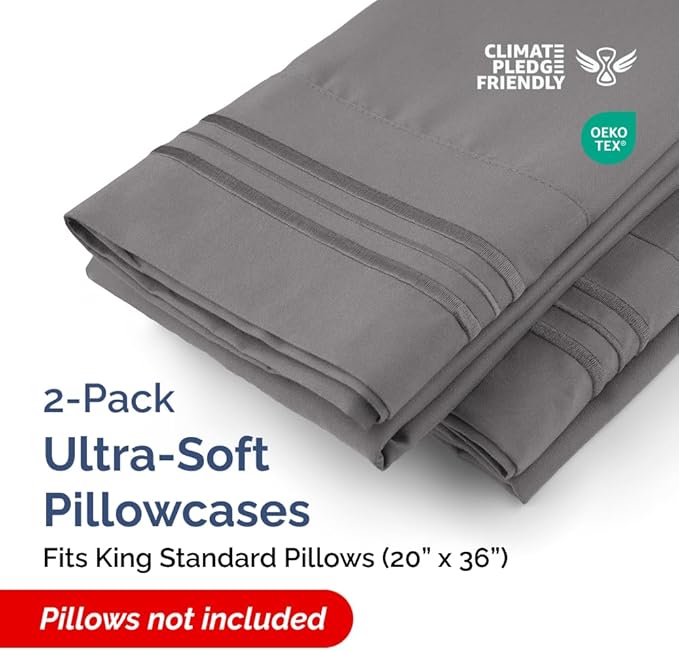 King Standard Pillow Cases Set of 2 - Soft Hotel Quality Pillowcase Covers - Comfy Bedding for Women, Men, Kids and Teens - Machine Washable Pillow Protectors - 2 Piece Set - King Standard Dark Grey