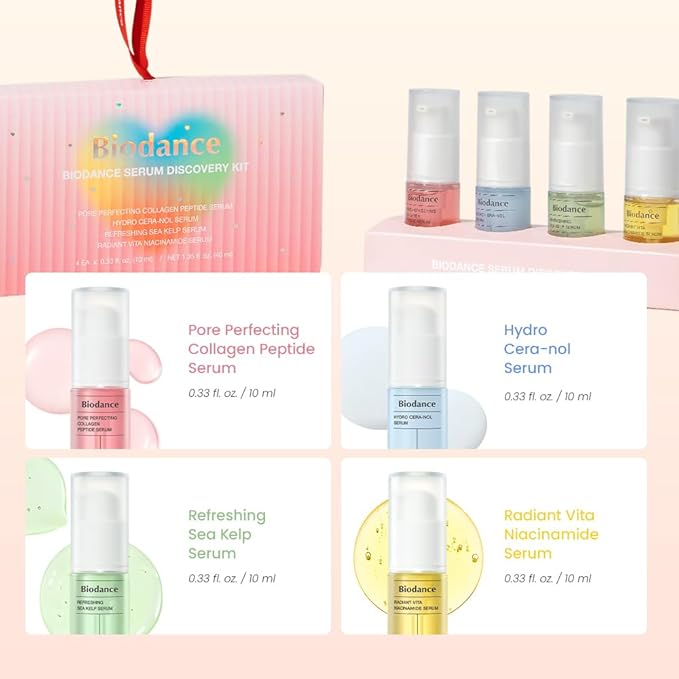 BIODANCE Serum Discovery Set: 4 Mini Serums Set, Korean Skin Care with Collagen Peptide, Ceramide Panthenol, Sea Kelp, Vitamin C Niacinamide, Skin Care Set | 10ml x 4 Serums