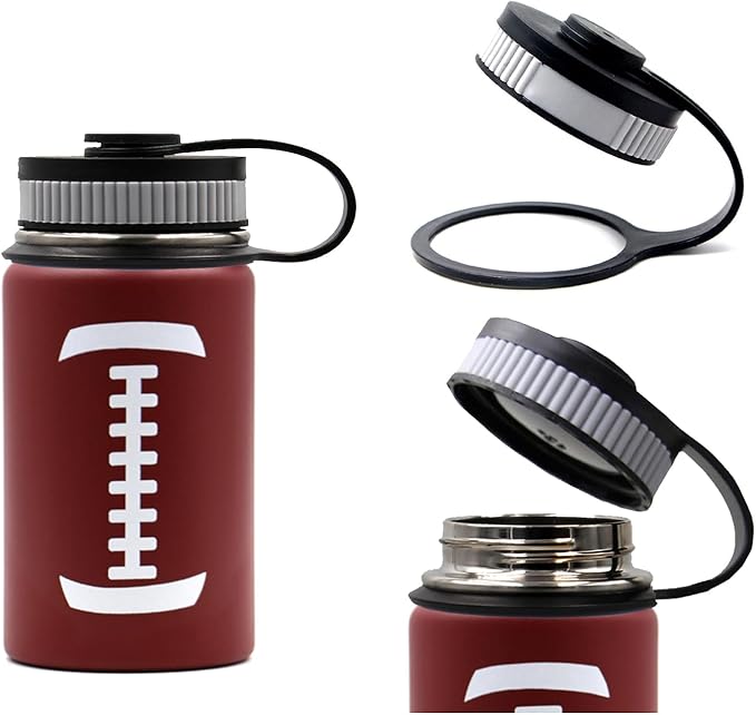 12 oz Football Water Bottle, Sports Cup Flask Metal Thermal Travel Mug with 2 Lids, Stainless Steel Double Wall Vacuum Insulated Leak Proof Water Bottles, Football Accessories Gifts for Mom Boys Girls