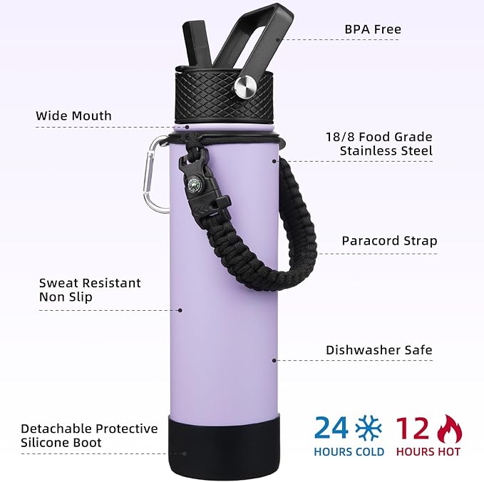 BJPKPK 27oz Insulated Water Bottles with 3 Lids, Paracord Handle & Non-slip Boot, Stainless Steel Metal Water Bottle with Straw, BPA Free Thermo, Tumblers,Lavender