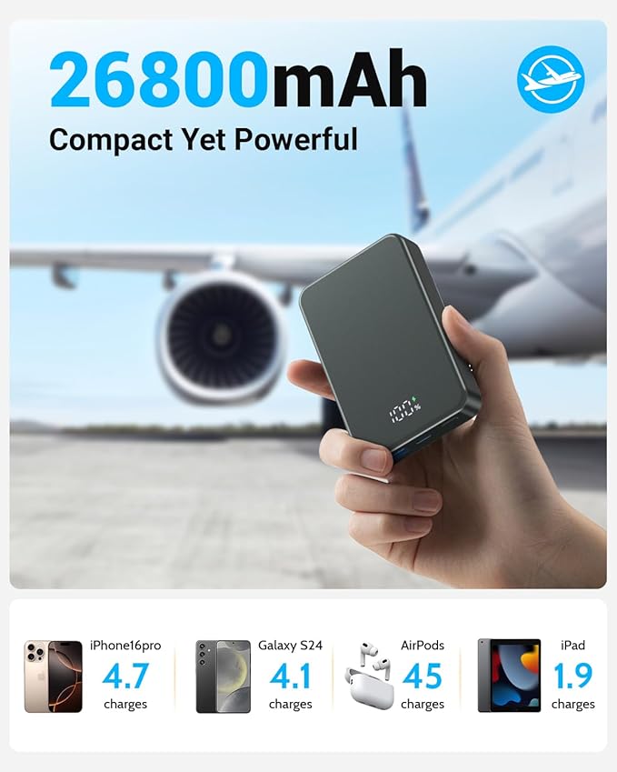 Magnetic Power Bank 26800mAh for Magsafe Portable Charger, Aluminum Alloy Large Capacity 20W USB-C in&Out Wireless Fast Charging Battery Pack for iPhone 17/16 Pro Max/15/14/13/12 Series, Silvery Gray