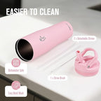 Coolflask Water Bottle 40 oz Fits Car Cup Holder, Slim Tumbler Stainless Steel with Straw & Handle, Vacuum Flask Leakproof Wide Mouth for Travel Sports Gym, Pink