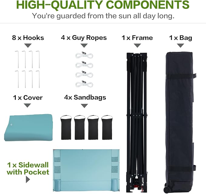 10'x10' Pop Up Canopy Tent with 1 Sidewall and 6 Pockets, One Push Setup, Instant Shade Tent with Vented Roof for Beach Patio Outdoor, Case, 8 Stakes, 4 Ropes, 4 Sandbags (Cyan, 10x10)