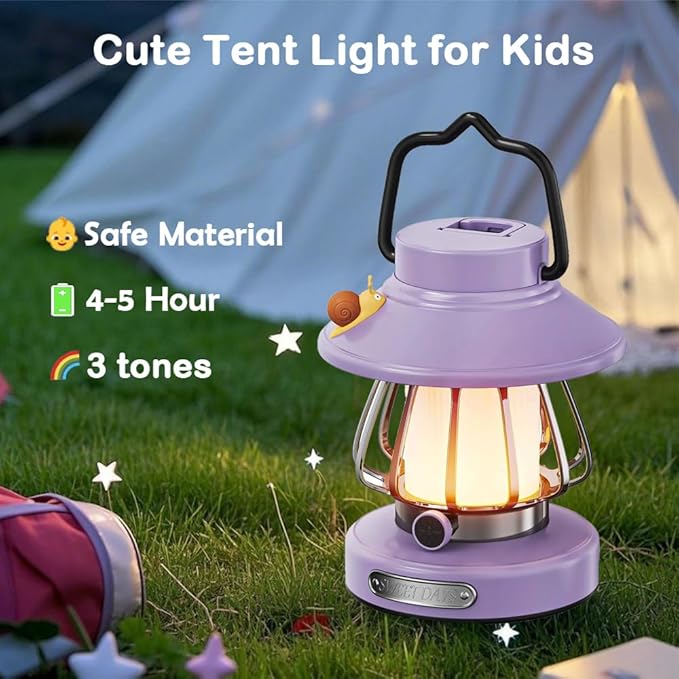 Camping Lantern for Kid Toddler Flashlight with Soft Light & Eye Protection Indoor Outdoor Hanging Tent Portable Night Light Battery Operated Sky Lanterns Rechargeable Lamp Gear Essentials (Purple)