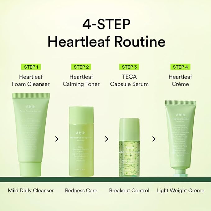 Abib Heartleaf Calming Trial Kit (Heartleaf foam 1.01 fl oz, Calming toner 1.01 fl oz, TECA capsule serum 0.50 , cream 0.67 fl oz)