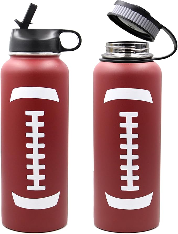 40 oz Football Water Bottle, Sports Cup Flask Metal Thermal Travel Mug with 2 Lids, Stainless Steel Double Wall Vacuum Leak Proof Insulated Water Jug, Football Accessories Gifts for Mom Men Boys Girls