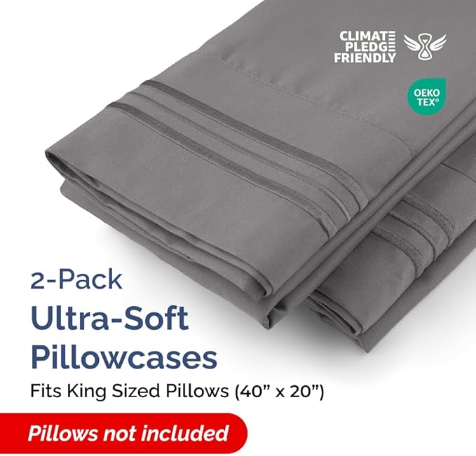 King Pillow Cases Set of 2 - Ultra Soft Hotel Quality Pillowcase Covers - Luxury Comfy Bedding for Women, Men, Kids and Teens - Machine Washable Pillow Protectors - 2 Pieces Set - King Size Dark Grey
