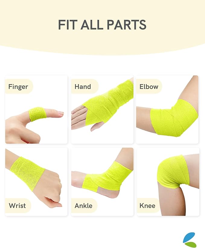FriCARE Self Adhesive Bandage Wrap, Medical Tape in First Aid Kit, Cohesive Bandages for Wounds Sport Vet, FSA/HSA Eligible, 2 Inches X 5 Yards 6 Rolls, Fluorescent Yellow