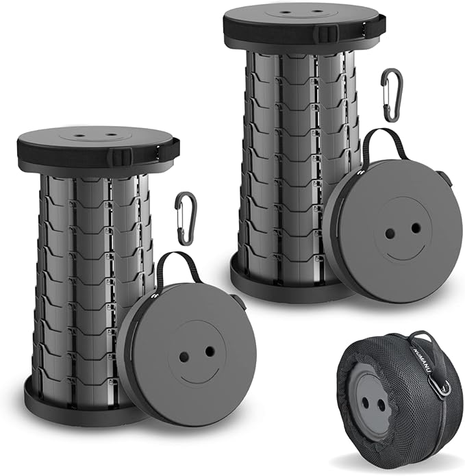 2-Pack Collapsible Stool & Carry Bag + Clips - Portable Folding Stool, Height Adjustable, Lightweight, Retractable Telescoping Camping Seat Travel Chair, Foldable Footrest - Max 400lbs