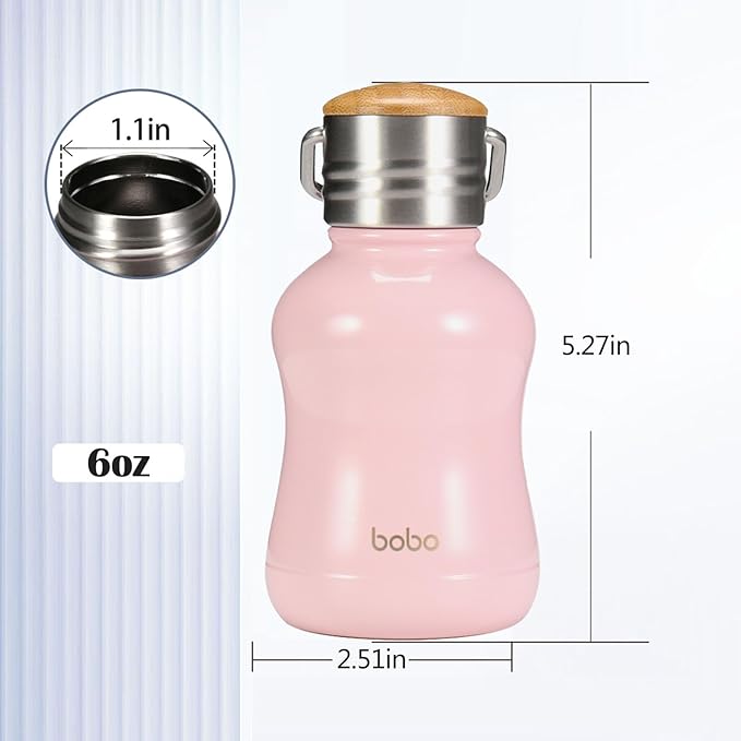 YOHKOH Mini Vacuum Insulated Water Bottle With Bamboo Lid - Stainless Steel Thermos Water Bottle for Women Girls Kids, Metal Sports Hot and Cold Water Bottle Leak-Proof BPA-Free (6.4oz,Pink)