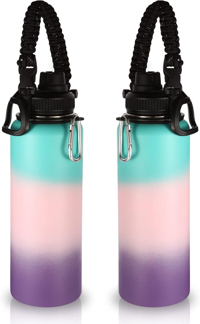 Volhoply Insulated Water Bottles Bulk 2 Pack, 40 oz Sports Bottle with Paracord Handle & Spout Lid, Double Walled Vacuum Water Cups with Wide Mouth,Reusable Hiking Water jug(Gradient Color,2 Set)