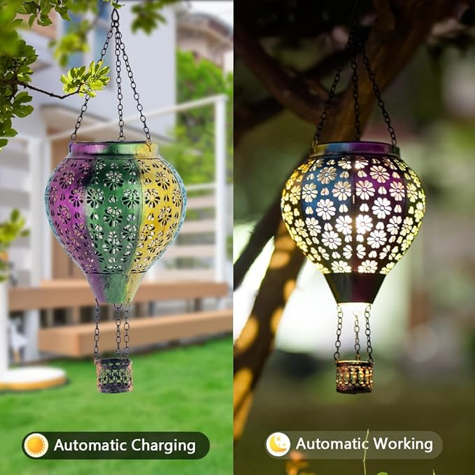 Stargarden Hot Air Balloon Solar Lantern, Flower Hollow Out Lanterns Decorative Outdoor, Colorful Hot Air Balloon Handmade Lighting Products, Metal Solar Hanging Lights Outdoor for Yard