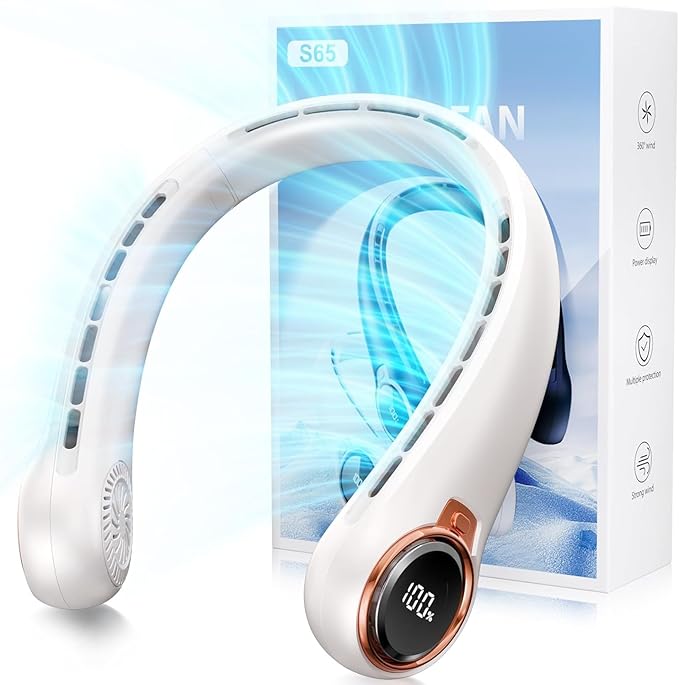 Portable Neck Fan with 6000mAh USB - Rechargeable Battery, Ultra-Light Bladeless Neck Fan LED Display, 360° Cooling Wearable Fan, 3 Speeds (White)