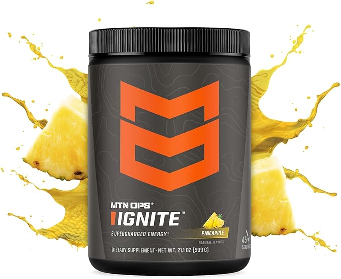 MTN OPS Ignite Energy Drink Powder, Gluten Free Nootropic Supplement Drink Mix, L Arginine, L Citrulline, Caffeine & Nootropic Sugar Free Drink Mix, 45 Servings, Pineapple Crush