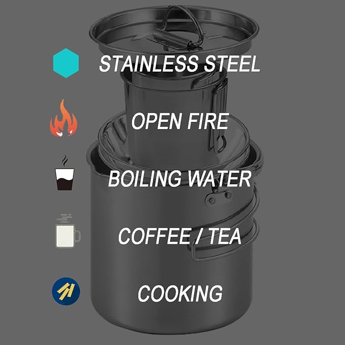 Camping Coffee Kettle and Mugs Set - Stainless Steel Pot with Collapsible Handle and Lid - Boiling Water with Open Fire for Hiking Backpacking Picnic Outdoor - 1.2 L