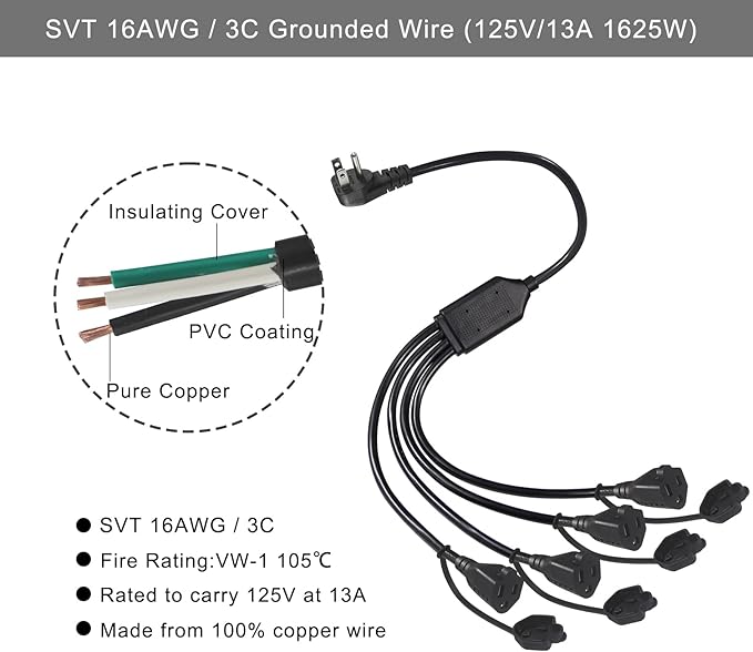 4 Way Outlet Splitter - Black 2-Pack 90-Degree Angled Flat Plug 1 to 4 Extension Cable Power Strip, 16/3 Gauge 1.5FT, 3 Prong Y Style Multi Outlet Splitter, Perfect for Wall Wart Adapters