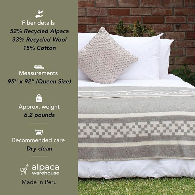 Inca Wall - Thick Alpaca Wool Blanket Heavyweight Camping Outdoors Indoors Soft Peru Queen Size Ethnic Design (Soft Gray/Ivory, Queen Size)