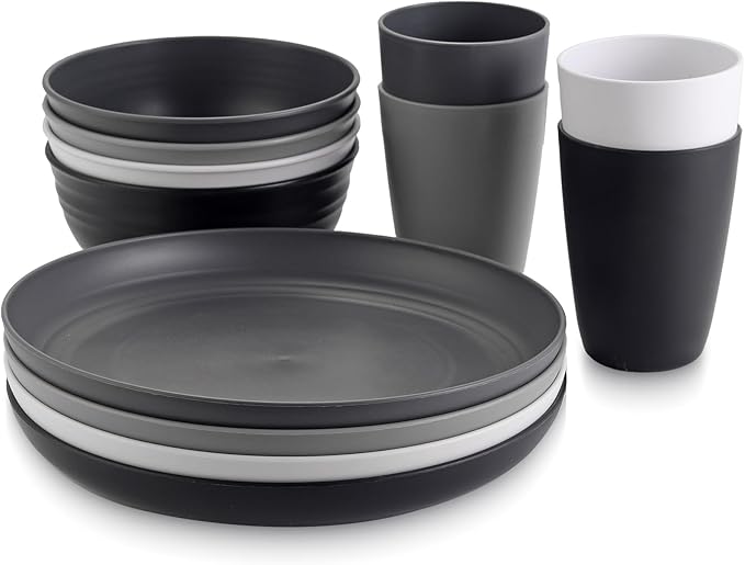 12pcs Unbreakable Camping Dinner Set, 4 Person Set, Reusable, Microwave & Dishwasher Safe, Modern Durability, White, Gray, Dark Gray, Black