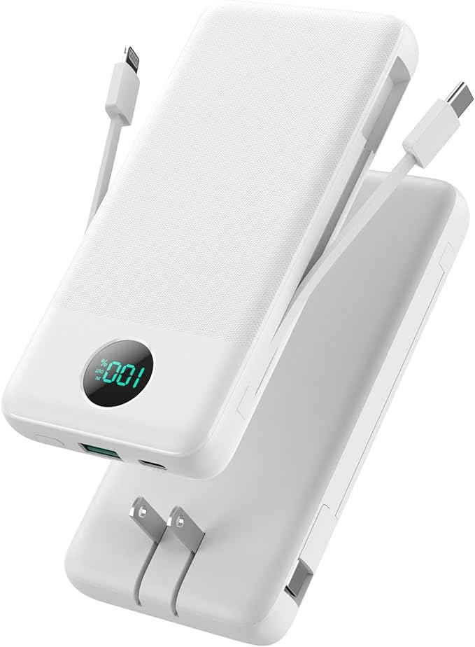 Portable Charger with Built-in Cables and AC Wall Plug 13800mAh,LCD Display Slim PD Fast USB C Power Bank,4 Outputs Travel Essentials Battery Pack Compatible with iPhone,Samsung,All Smart Phones-White