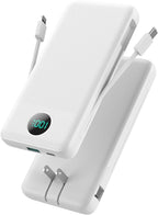 Portable Charger with Built-in Cables and AC Wall Plug 13800mAh,LCD Display Slim PD Fast USB C Power Bank,4 Outputs Travel Essentials Battery Pack Compatible with iPhone,Samsung,All Smart Phones-White