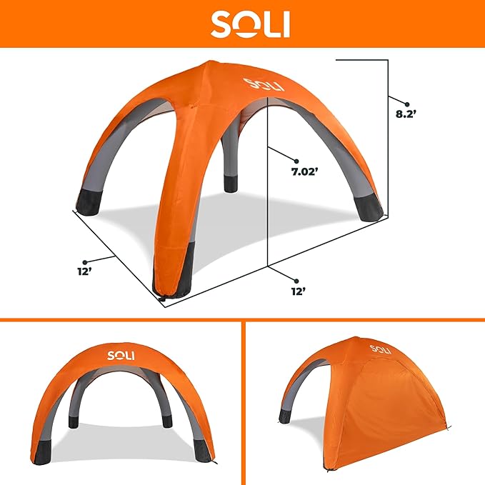 SOLI: Air Canopy 12' - Heat Wave Orange - Outdoor & Beach Self-Inflating Sun Tent, Shade Wall, UPF 50+, Pump-Stakes, Lightweight & Portable, Backpack