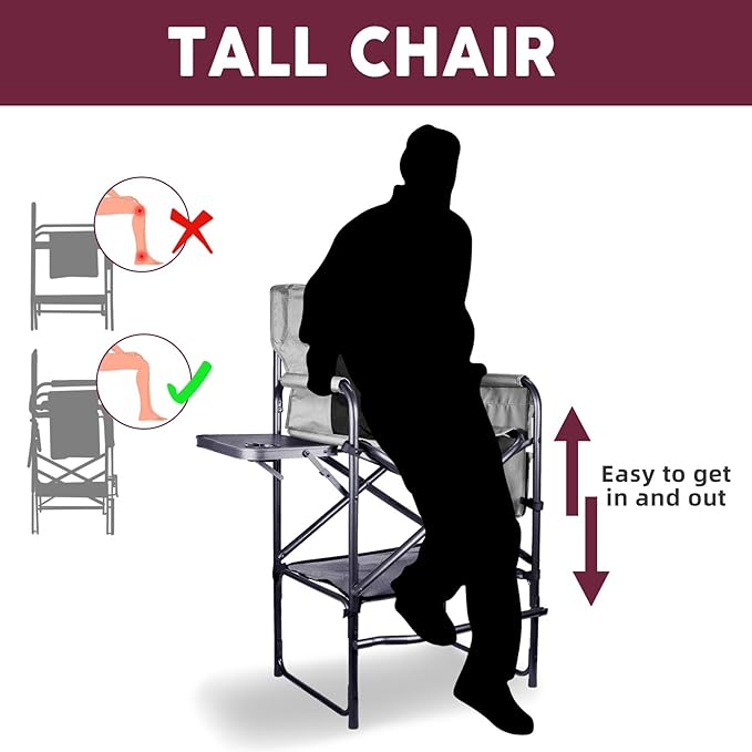30" Tall Directors Chair with Side Table, 400LBS Bar Height Folding Camping Chair for Makeup Artists, Outdoor Events, Portable Foldable Chair with Cup Holder & footrest - Gray/Black