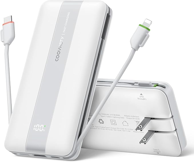 Fast Charging Power Bank with AC Wall Plug, USB C Portable Charger 10500mAh 22.5W with Built in Cables, 4 Outputs 3 Inputs LED Display External Battery Pack Compatible with iPhone/Android (White)