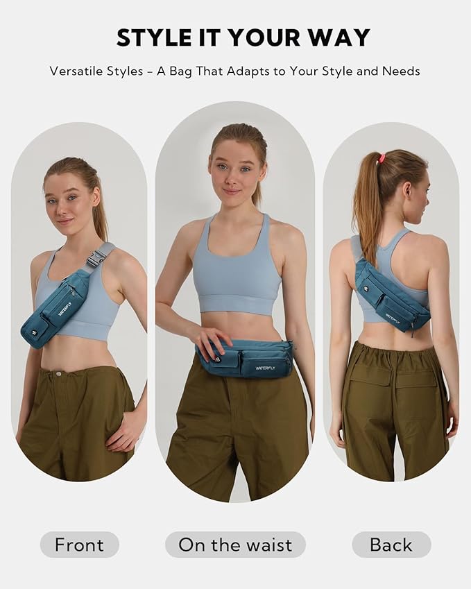 WATERFLY Small Crossbody Fanny Pack: 5 Pocket Slim Lightweight Waist Belt Hip Bag for Women Men Water Resistant Chest Pouch for Travel Hiking Running Walking Fit All Phones - Peacock Blue