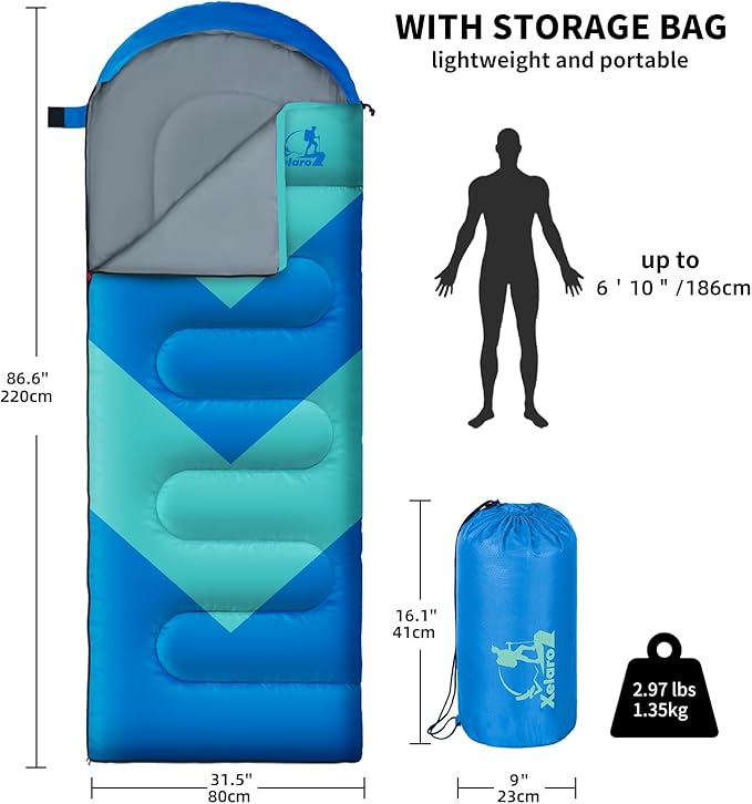 Sleeping Bag for Adults, Girls, Boys - 3 Season Warm & Cool Weather Lightweight Waterproof Camping Bag for Hiking, Outdoor Travel