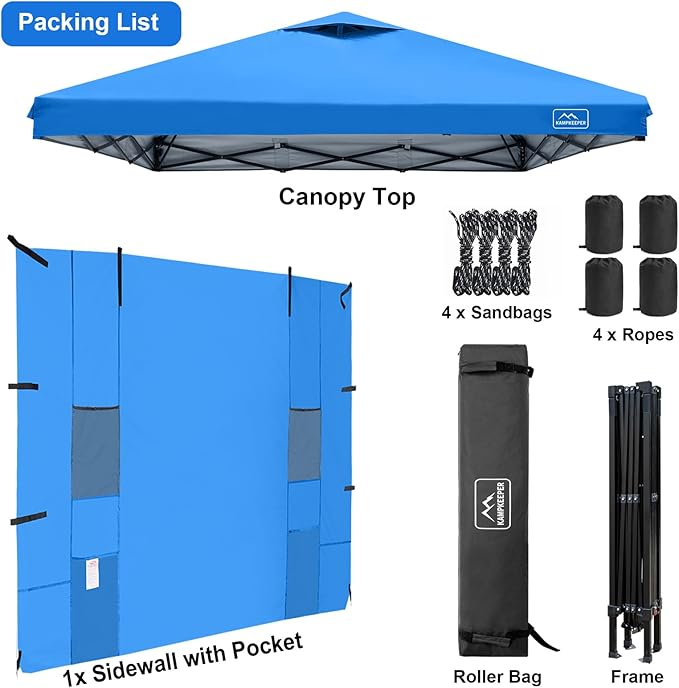 KAMPKEEPER 10x10 Pop Up Canopy Tent with Sidewall - Easy Setup Sun Shelter, Outdoor Shade with Vented Roof for Backyard | UV & Rain Portable Instant Camping Beach Canopy Tents (Light Blue)