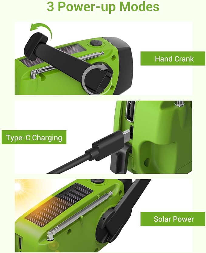 Esky Emergency Hand Crank Radio with 3 LED Flashlight, AM/FM/NOAA Portable Weather Radio with 2000mAh Power Bank Phone Charger, Solar Powered USB Rechargeable Radio for Indoor Outdoor Camping, Green