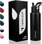 Insulated Water Bottle 40oz,Triple Wall Vacuum Stainless Steel(Dishwasher Safe),Leak Proof & Non-BPA,Flask Jug with Paracord Handle & Straw Spout Lids Sports Black