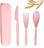 Reusable Travel Utensils Set with Case, Pink Wheat Straw Portable Knife Fork Spoons Tableware, Eco-Friendly BPA Free Cutlery for Kids and Adults as Travel Picnic Camping Utensils