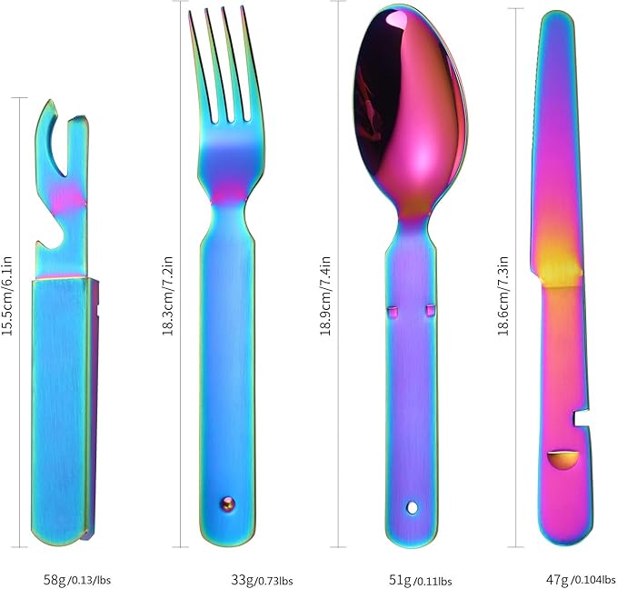 Camping Flatware Colorful Fork Spoon Knife Bottle Opener Silverware Outdoor Portable Cutlery Tactical Utensil Set 4 Pieces Foldable Durable Reusable Easy to Clean