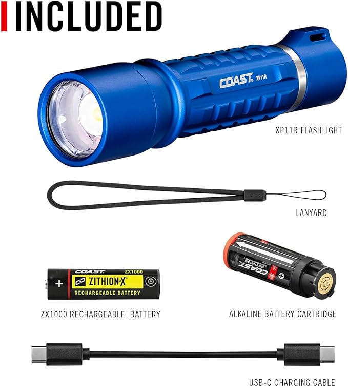 Coast XP11R 2600 Lumen USB-C Rechargeable LED Flashlight with Slide Focus® and Pure Beam® Focusing Optic, 4 Light Modes, Blue