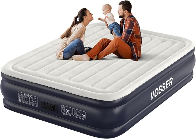 Air Mattress Queen with Built in Pump,18'' Inflatable Mattress of Vertical Beams,Self Inflatable/Deflation Blow Up Mattress in 3 Mins,Flocked Top Airbed with Carry Bag for Home, Camping