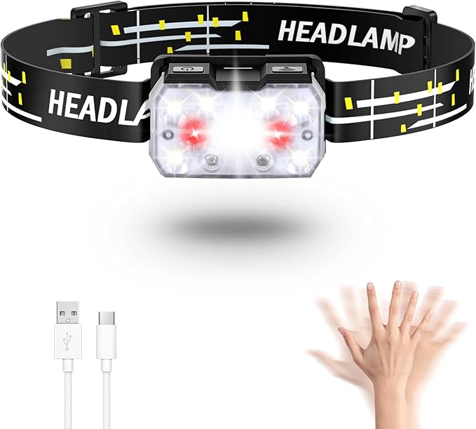 Lsnisni Headlamp Rechargeable, 2000 Lumen Ultra-Light Bright LED Head Lamp with White Red Light, 10 Modes, Motion Sensor, Hook, Waterproof Forehead Flashlight for Camping Hiking Cycling