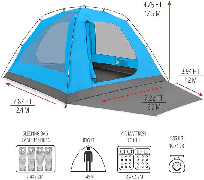 KAZOO 2／4 Person Camping Tent Outdoor Waterproof Family Large Tents 2/4 People Easy Setup Tent with Porch Double Layer