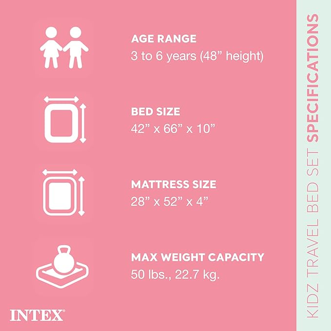 Intex Kids Travel Air Mattress Inflatable Bed with Raised Sides and Hand Pump - Portable Blow-Up Toddler Traveler Bed for Children's Naps or Sleep