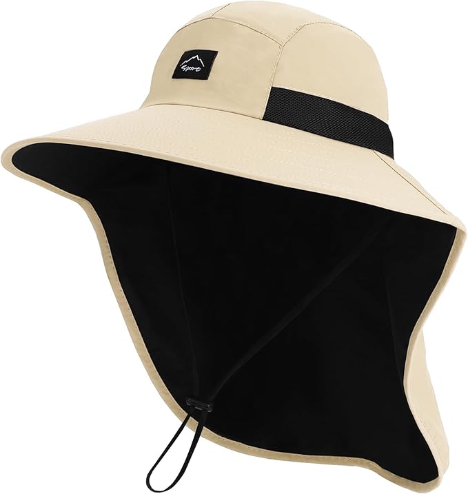 Rosoz Outdoor Sun Hat for Men Women, UPF50+ Protection Safari Cap Wide Brim Mesh Fishing Hat with Neck Flap Beach Garden