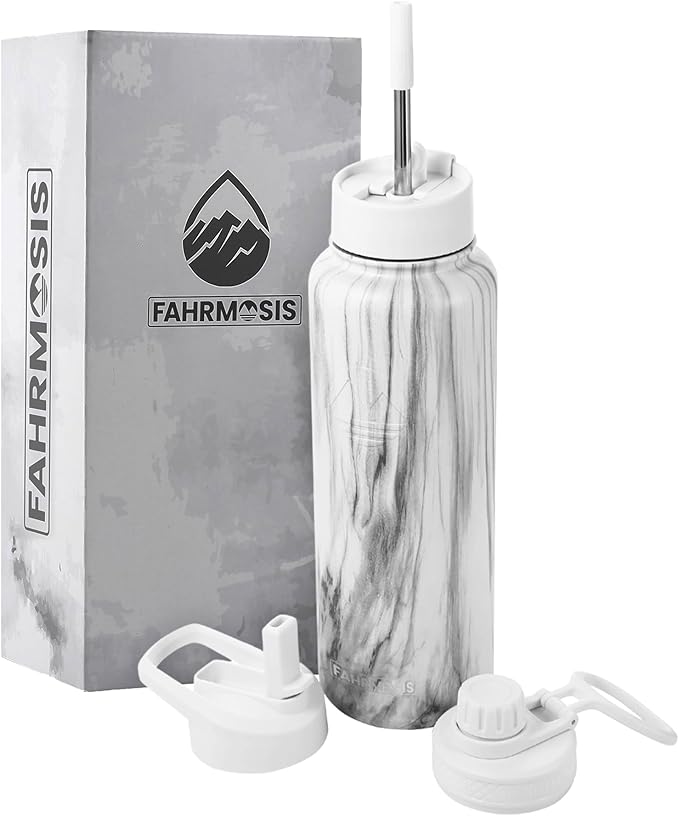 40 Oz Water Bottle with Straw Stainless Steel Sports Water Bottle with 3 Lids (Straw, Chug and Flip Lid) Insulated Leak Proof Metal Jug for Men & Women - White Marble