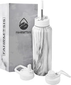 40 Oz Water Bottle with Straw Stainless Steel Sports Water Bottle with 3 Lids (Straw, Chug and Flip Lid) Insulated Leak Proof Metal Jug for Men & Women - White Marble