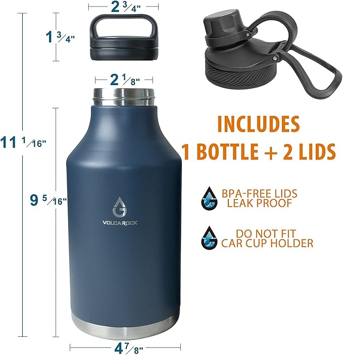 Insulated Water Bottle and Beer Growler, Wide Mouth 64 Oz Double Wall Stainless Steel Water Bottle for Hot and Cold Beverages, Leafproof BPA Free and Dishwasher Safe-64 Oz Navy Blue