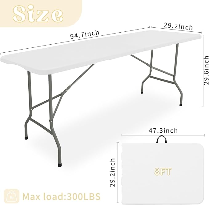 Folding Table 8 FT Camping Table Portable Heavy Duty Plastic Rectangular Outdoor Dining Table Steel Legs Fold-in-Half with Carrying Handle for Indoor,Picnic,Party,Wedding,Events(White)