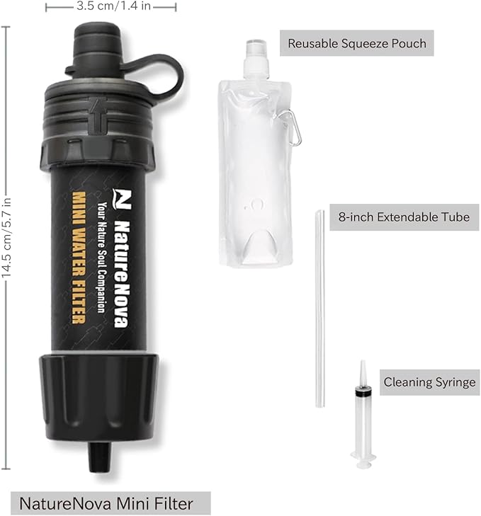 Mini Water Filter NatureNova Portable Emergency Water Filtration System Hiking Camping Straw Survival Gear Emergency Preparedness