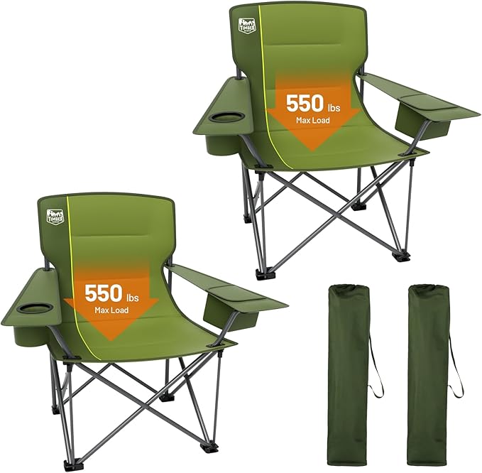 TIMBER RIDGE Oversized Folding Camping Chair for Adults, Support 550 LBS Heavy Duty with Cup Holder Side Pocket for Camp, Lawn, Picnic, Green, 2 Pack