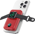 Magnetic Portable Charger for iPhone, 10800mAh 4-in-1 Wireless Power Bank with iWatch Charger, 25W PD Fast Charging Battery Pack for Magsafe, iPhone 16/15/14/13/12 Series, Apple Watch (Red)