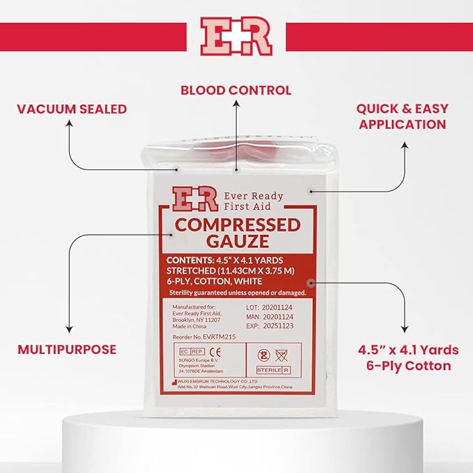 Ever Ready First Aid Compressed Sterile Gauze, 6-Ply Emergency Medical Dressing for First Aid Kits – 4.5” x 4.1 Yards - 5 Pack