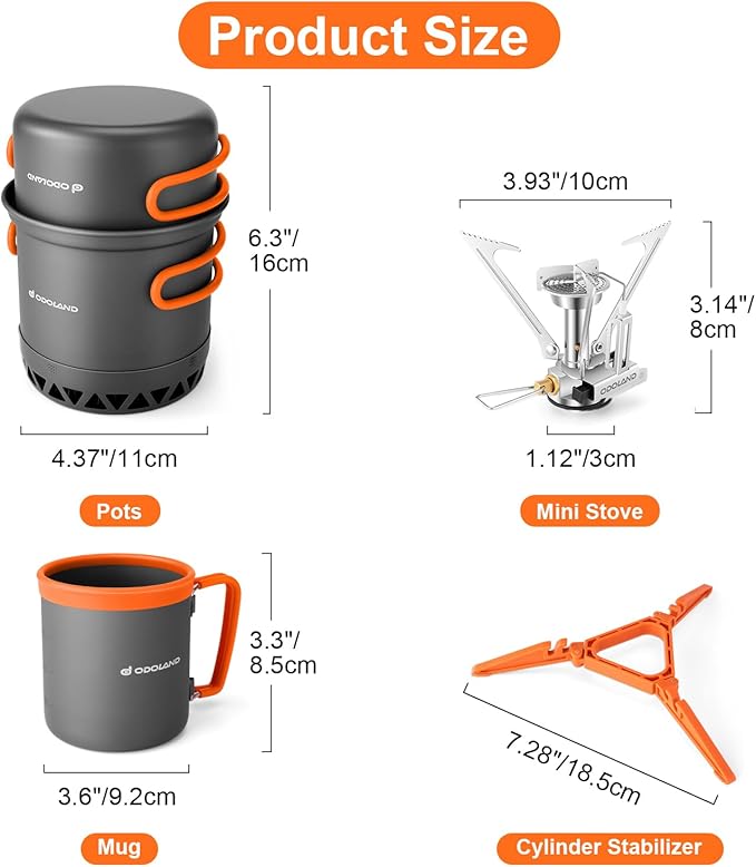 Odoland Camping Pots with Heat Exchanger Camping Cooking Set with Portable Camping Stove Camping Mess Kit Include Mug, Folding Utensil Set, Canister Stabilizer for Backpacking Outdoor Hiking & Picnic